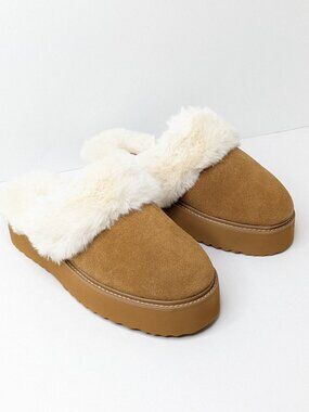 BCTEX Fuzzy Memory Foam Platform Slippers Brown Women's 10